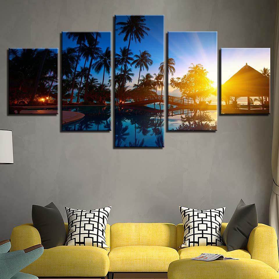 Kokosnüsse und Sonnenuntergang Meerblick - Leinwand Wandkunst Malerei