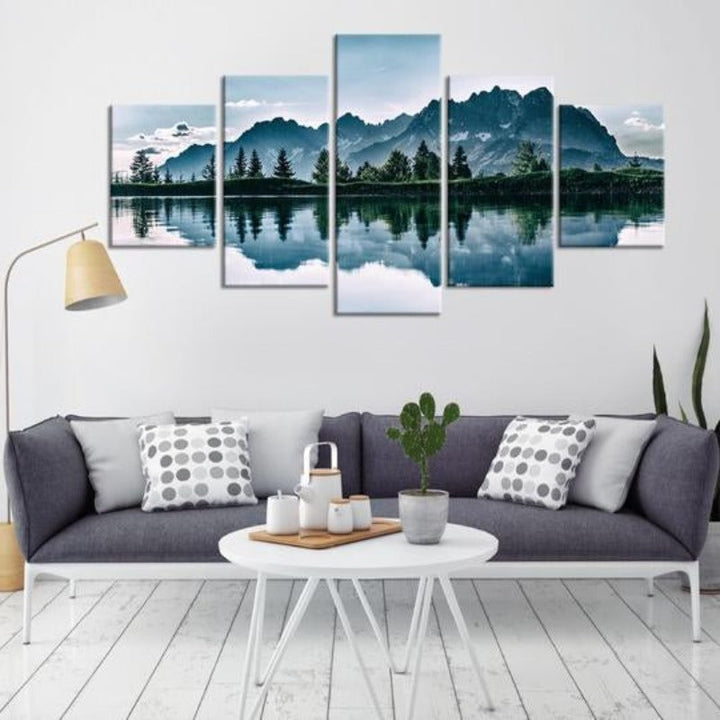 Berge See Baum Landschaft - Leinwand Wandkunst Gemälde