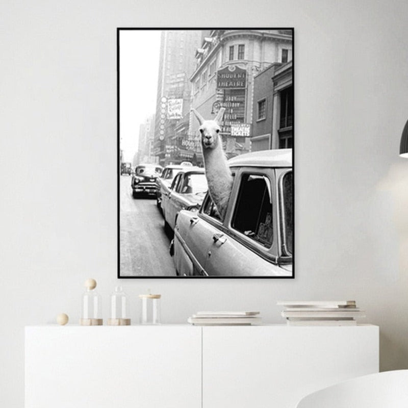 Alpaka im Taxi - Leinwand Wandkunst Malerei