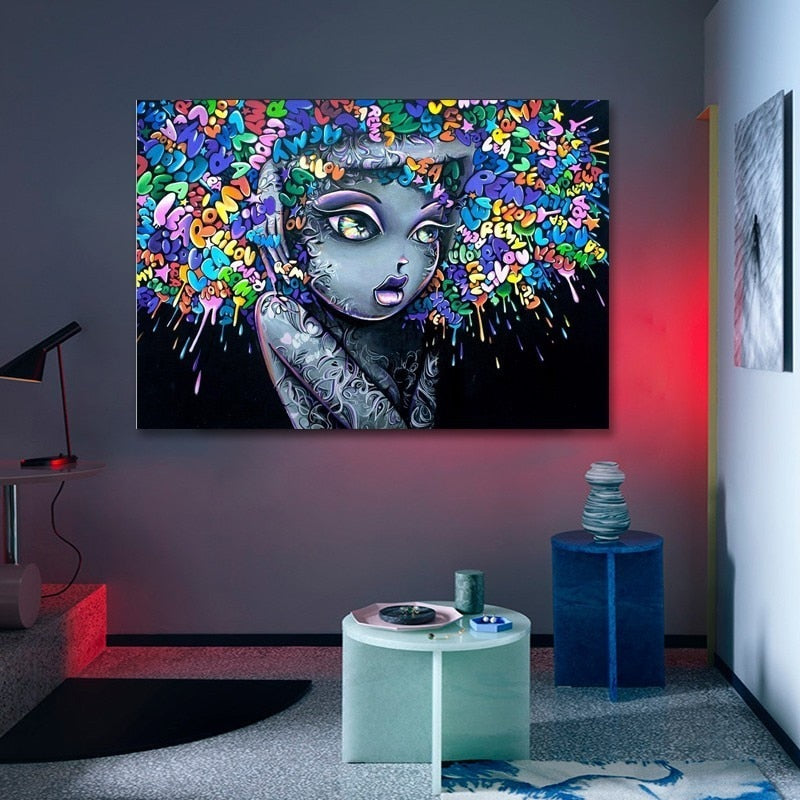 Schönes Mädchen Graffiti Kreatives Haar - Leinwand Wandkunst Malerei