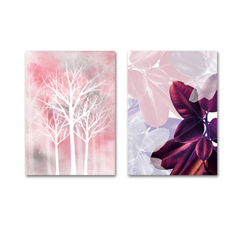 Modernes Aquarellgemälde „Wald mit rosa Blättern“ – Leinwandbild