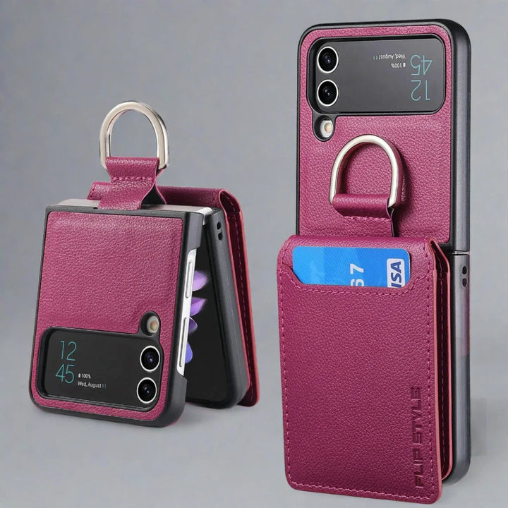 Samsung Z Flip 4 / Flip 3 Hülle | Leder Geldbörse Kartenhalter Ringhalter Ständer