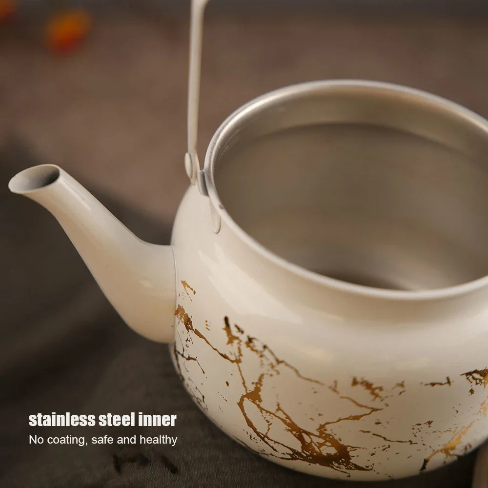 Retro Edelstahl-Teekanne mit Goldprägung Relief Wasserkocher | Karnz