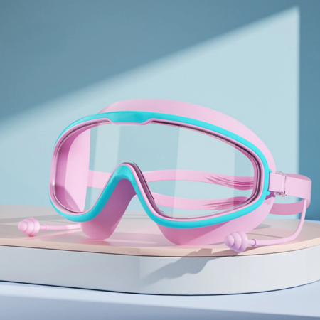 Schwimmbrille - Auslaufsichere Schwimmmaske mit Panoramasicht für Kinder mit Nasenclips und Ohrstöpseln