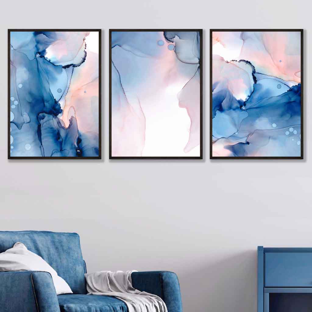 Abstraktes Wandbild-Set in Blau und Rosa, 3 Poster