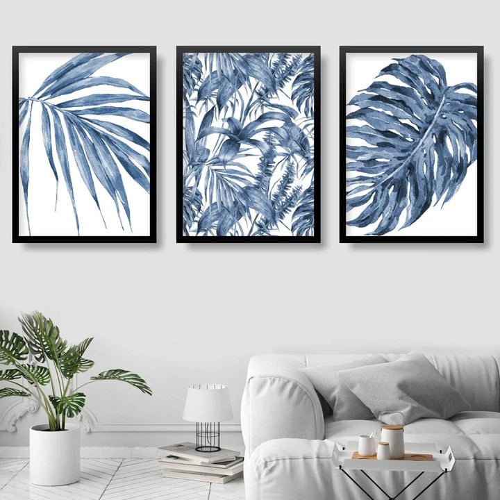 BOTANISCHES Set aus 3 marineblauen Blumen-Kunstdrucken