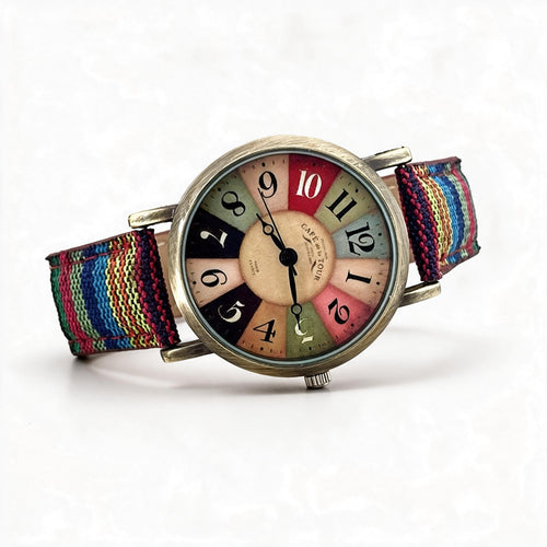 Sandsberg Armbanduhr Vintage mit mehrfarbigem Regenbogen-Muster und gewebtem Armband