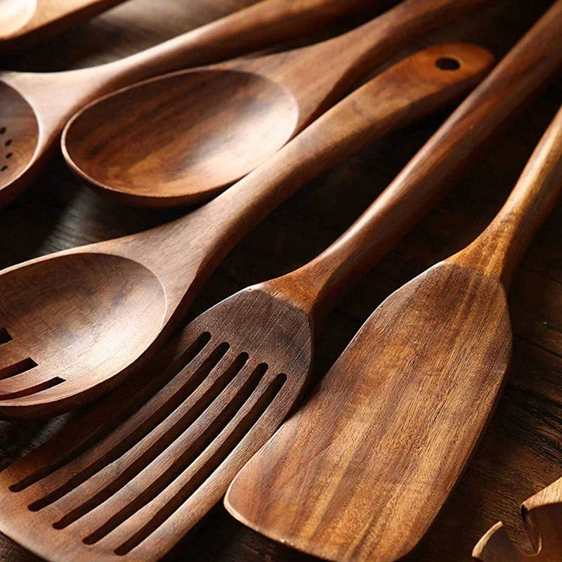 Nachhaltige Teakholz-Küchenutensilien Set - Umweltfreundliche Kochaccessoires | Karnz