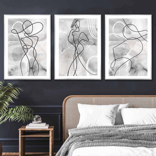 Abstraktes Set aus 3 Mode-Linienkunst-Wandbildern in Schwarz und Grau