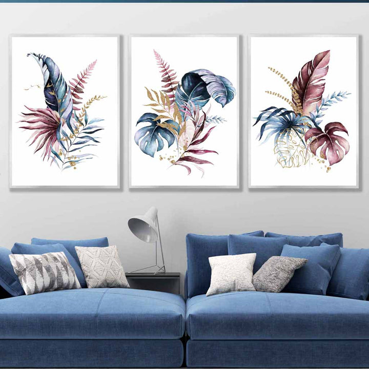 Botanisches Set aus 3 rosa-blauen floralen Wandbildern