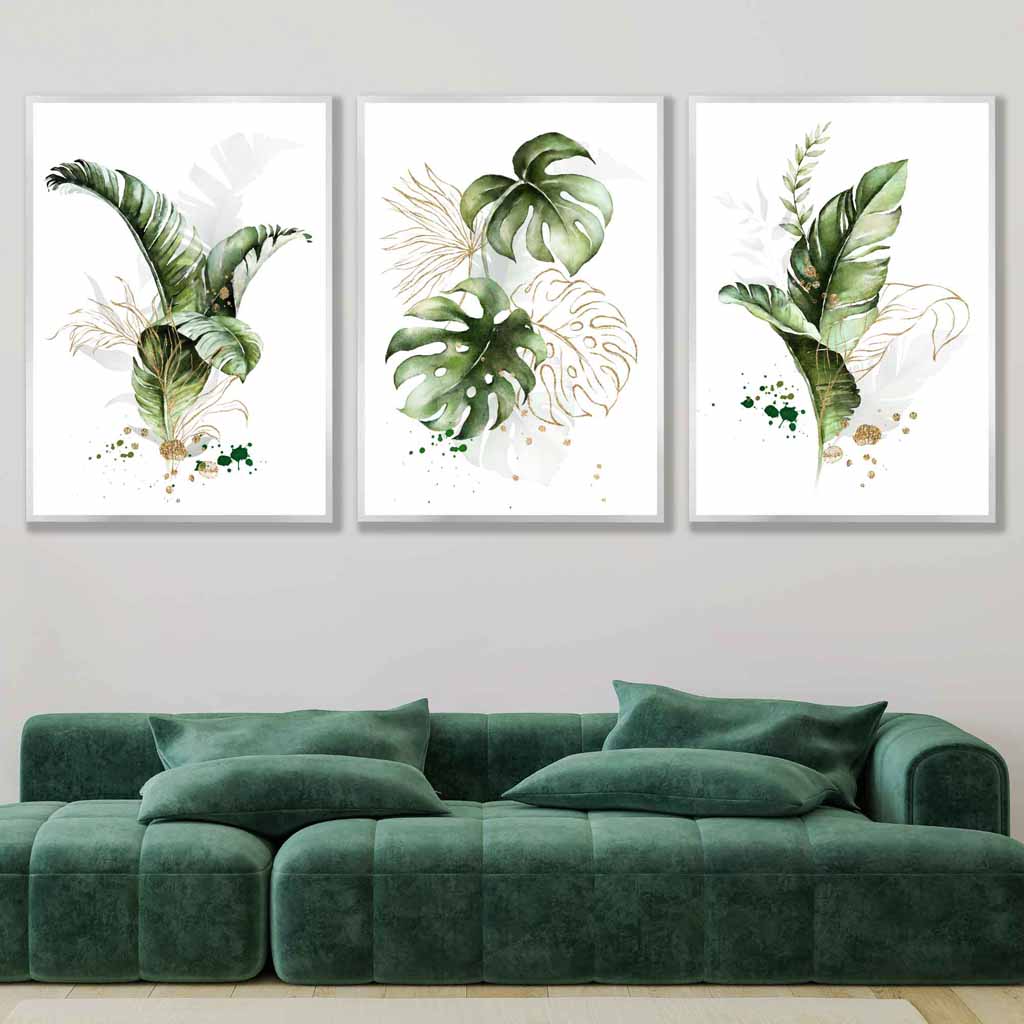 Botanisches Set aus 3 grünen und goldenen floralen Wandbildern