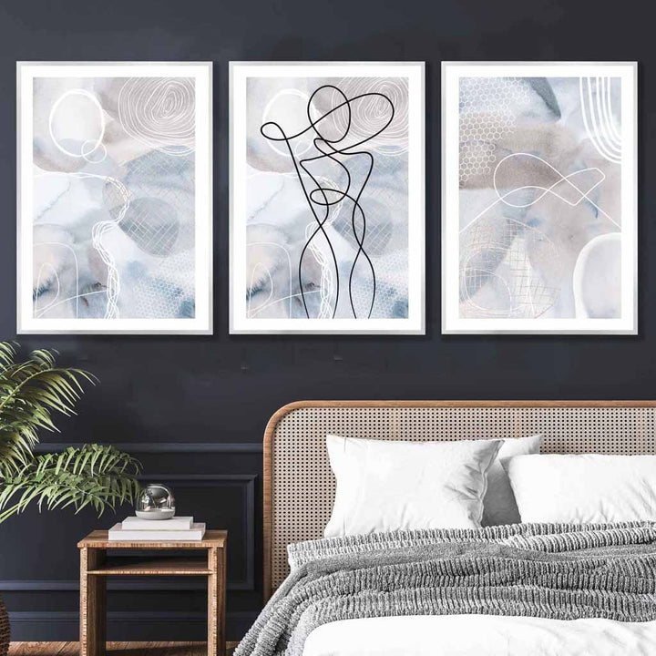 Abstraktes Set aus 3 Kunstdrucken mit Modelinien in Blau und Beige