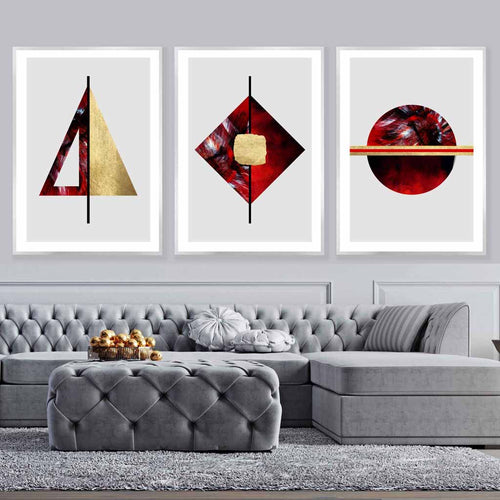 Art-Deco-Set aus 3 Wandbildern in Rot, Schwarz und Gold