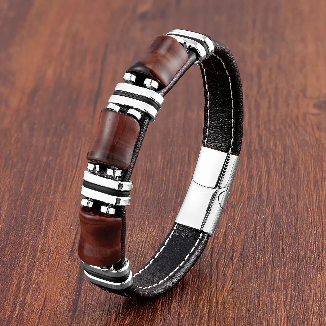 Armband aus Leder und Gold | Herrenschmuck mit Tigeraugenperlen