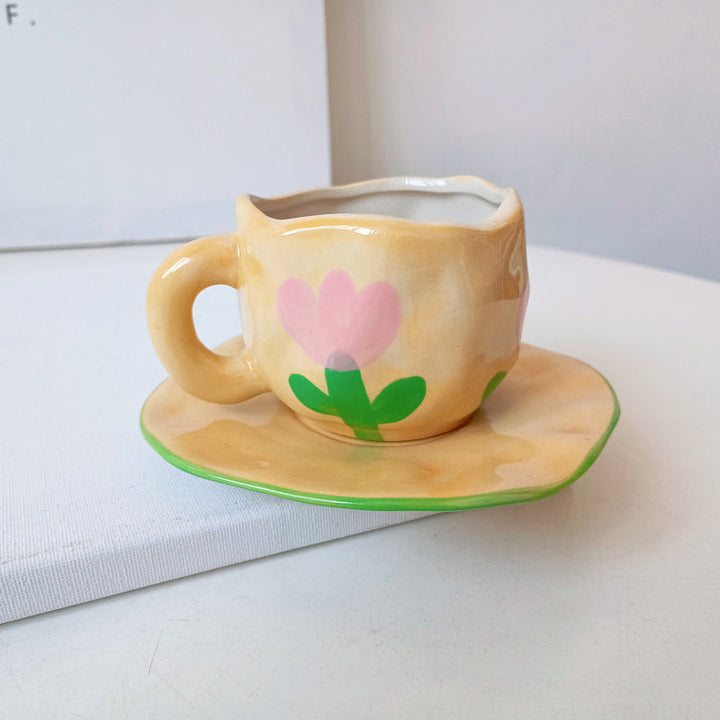 Handbemalter kreativer Kaffeebecher, Keramiktasse und Untertassenset | Karnz