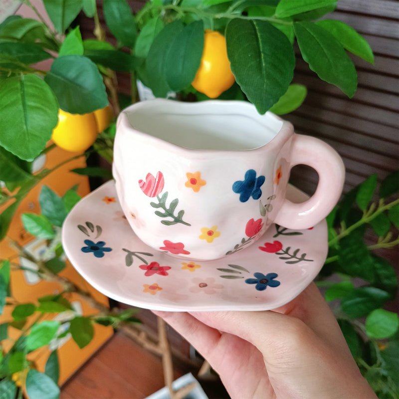 Handbemalter kreativer Kaffeebecher, Keramiktasse und Untertassenset | Karnz