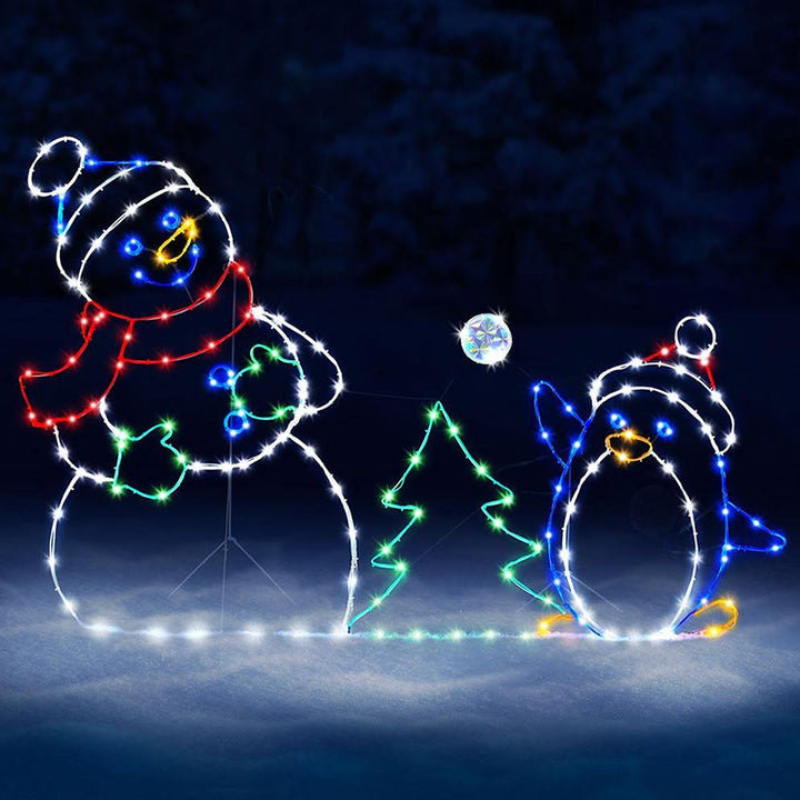Animierte LED-Schneeballschlacht-Lichterkette | Weihnachtsdeko für draußen: Schneemann & Pinguin