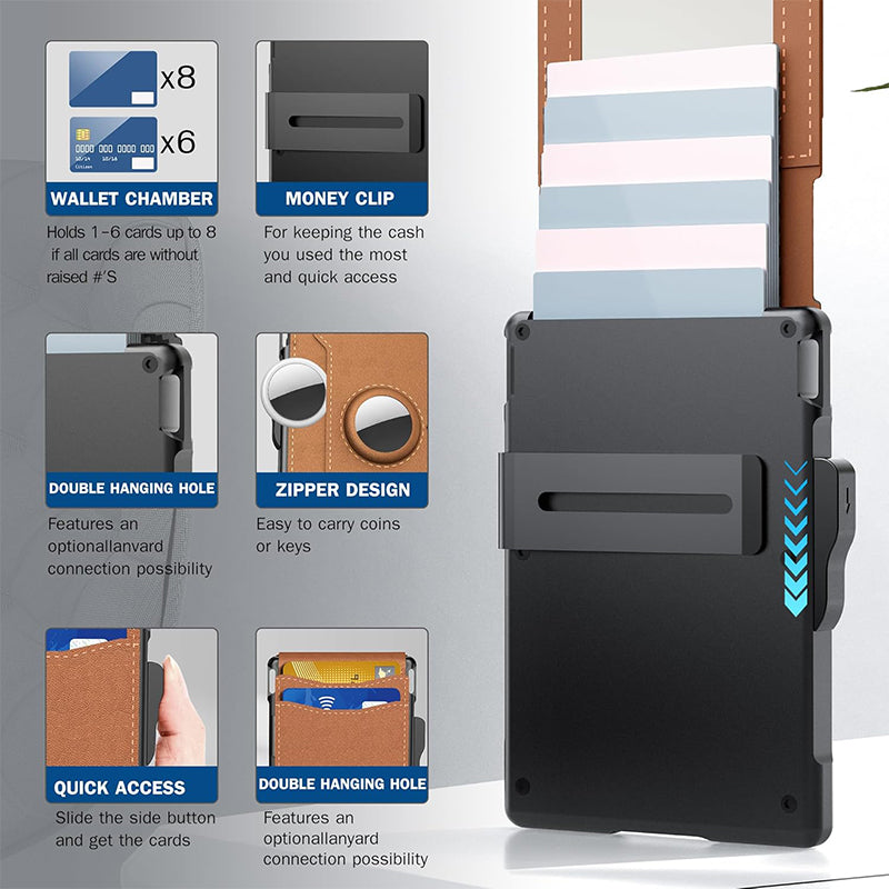 Herren-Geldbörse – mit aufklappbarem Aluminiumetui. Minimalistische Geldbörse mit Geldklammer aus Leder und Platz für Kreditkarten. RFID-Schutz.