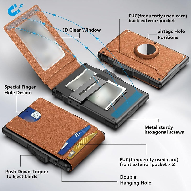 Herren-Geldbörse – mit aufklappbarem Aluminiumetui. Minimalistische Geldbörse mit Geldklammer aus Leder und Platz für Kreditkarten. RFID-Schutz.