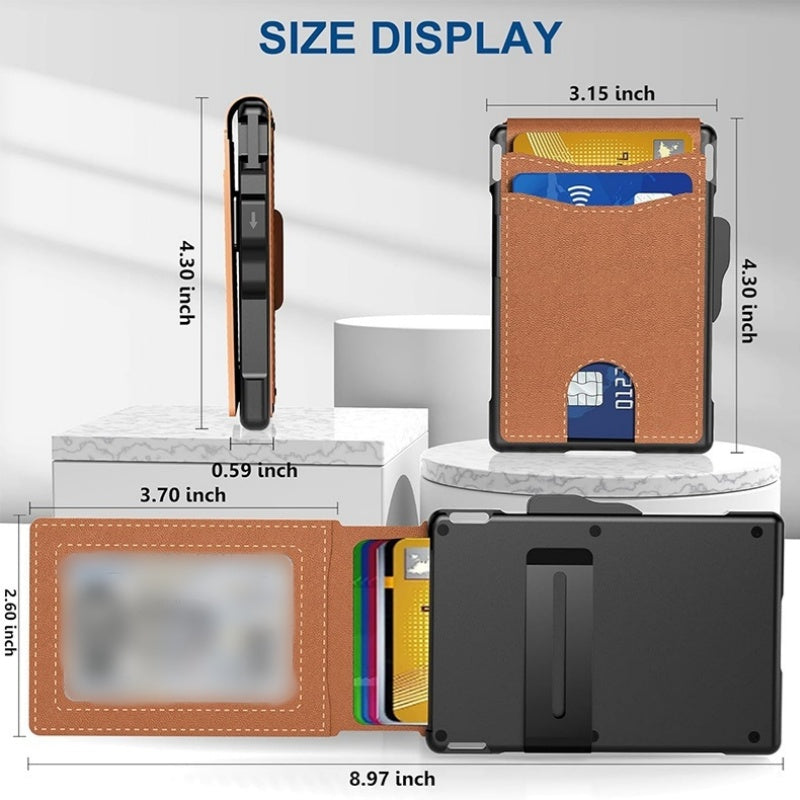 Herren-Geldbörse – mit aufklappbarem Aluminiumetui. Minimalistische Geldbörse mit Geldklammer aus Leder und Platz für Kreditkarten. RFID-Schutz.