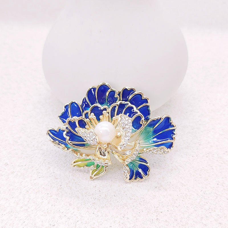 Elegante emaillierte Pfingstrosenbrosche für Damen