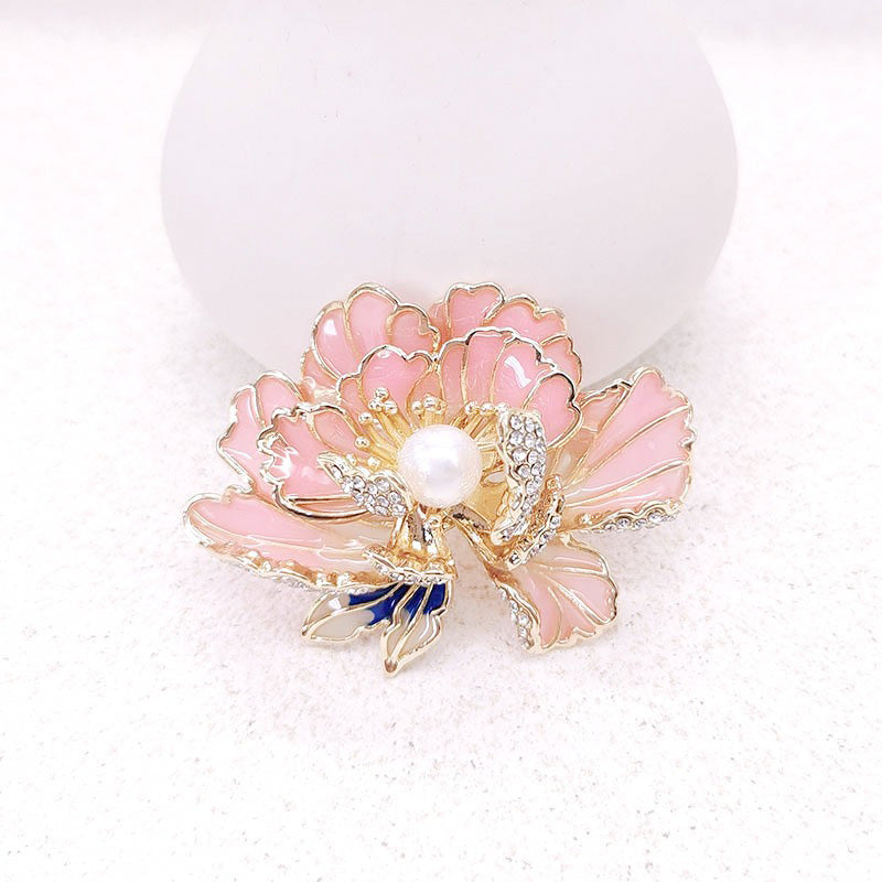 Elegante emaillierte Pfingstrosenbrosche für Damen