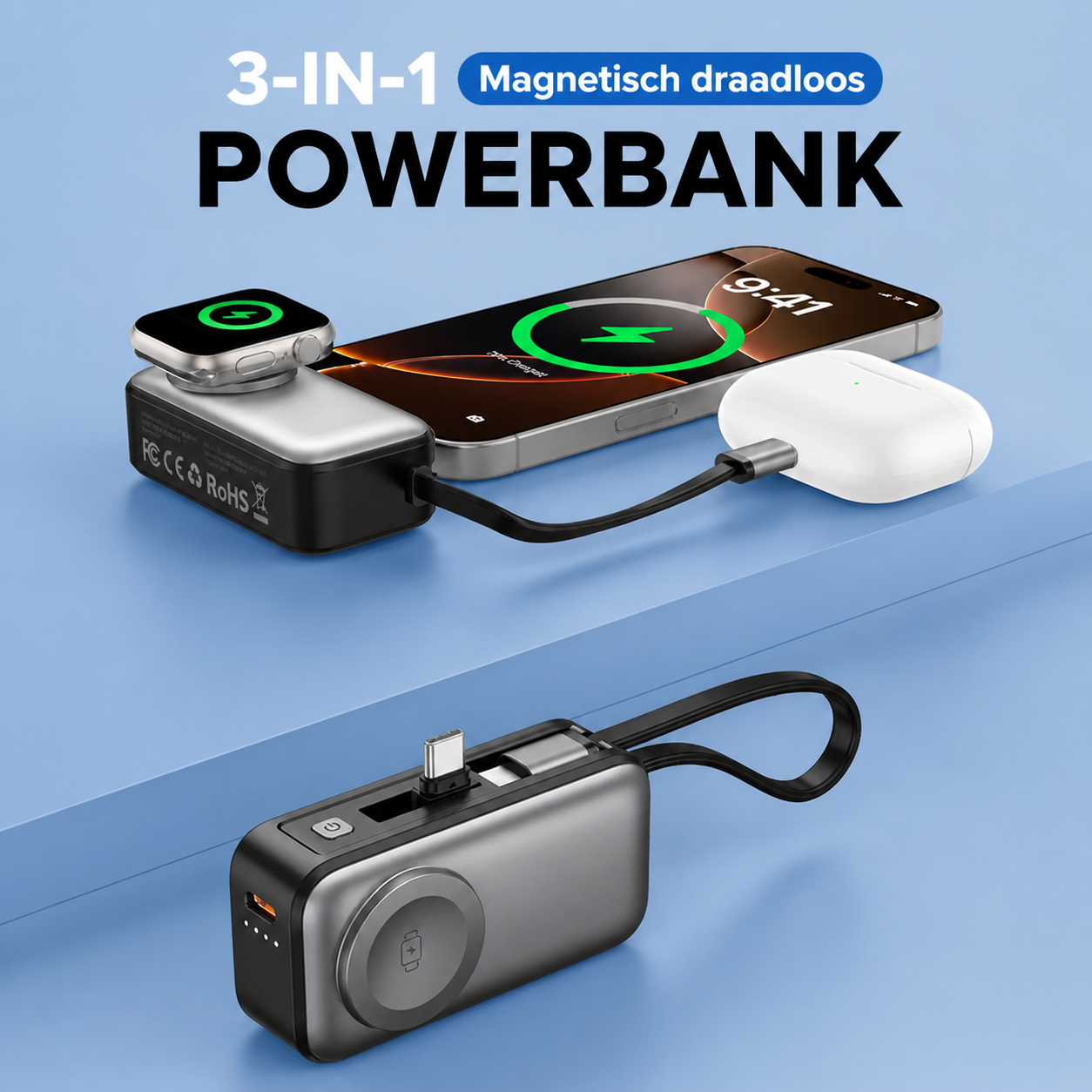 Magnetische 3-in-1 Powerbank mit kabelloser Ladung | Karnz