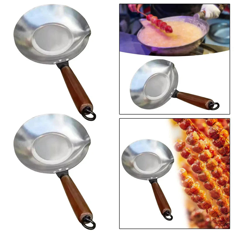 Edelstahl Zucker Schmelzpfanne Wok mit Auslauf Holzgriff | Karnz