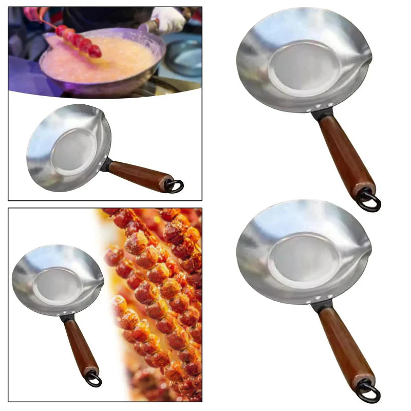 Edelstahl Zucker Schmelzpfanne Wok mit Auslauf Holzgriff | Karnz