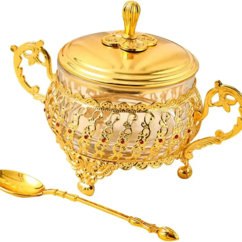 Zucker Schüssel mit Deckel und Löffel Gold Glas Gewürz Süßigkeiten Glas | Karnz
