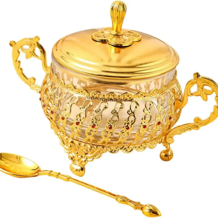 Zucker Schüssel mit Deckel und Löffel Gold Glas Gewürz Süßigkeiten Glas | Karnz