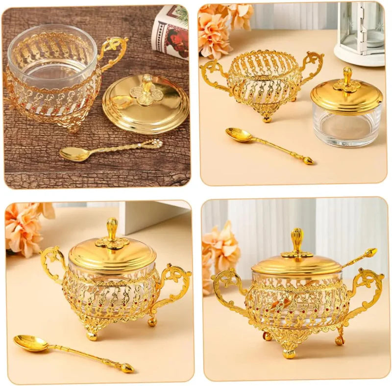 Zucker Schüssel mit Deckel und Löffel Gold Glas Gewürz Süßigkeiten Glas | Karnz