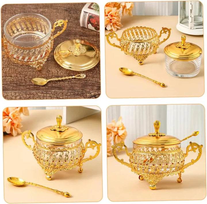Zucker Schüssel mit Deckel und Löffel Gold Glas Gewürz Süßigkeiten Glas | Karnz