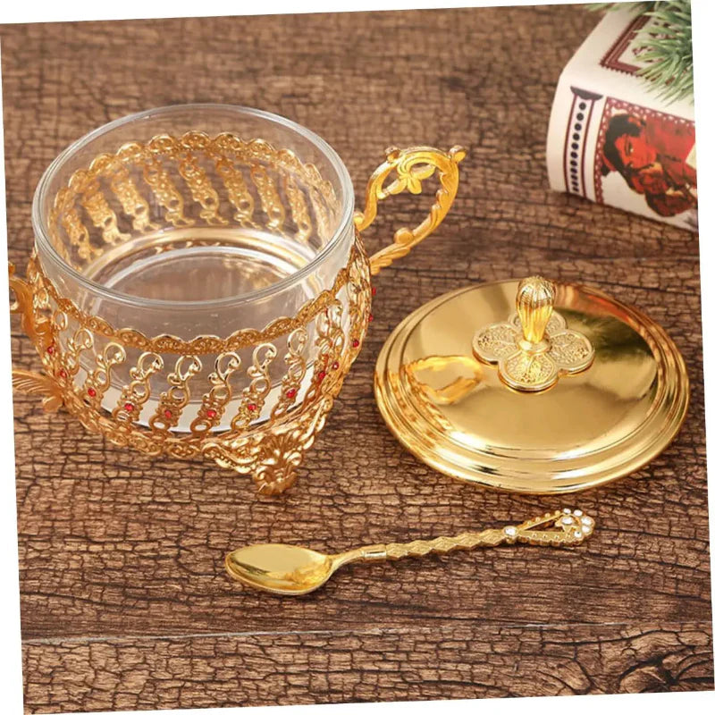 Zucker Schüssel mit Deckel und Löffel Gold Glas Gewürz Süßigkeiten Glas | Karnz