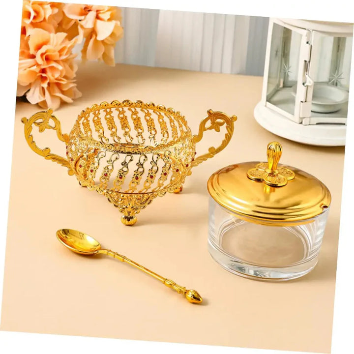 Zucker Schüssel mit Deckel und Löffel Gold Glas Gewürz Süßigkeiten Glas | Karnz