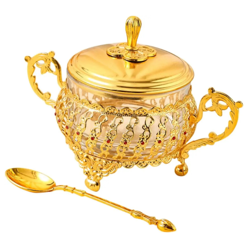 Zucker Schüssel mit Deckel und Löffel Gold Glas Gewürz Süßigkeiten Glas | Karnz