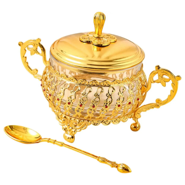 Zucker Schüssel mit Deckel und Löffel Gold Glas Gewürz Süßigkeiten Glas | Karnz