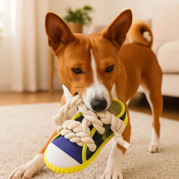 Robustes Hundespielzeug Sneaker mit Seil und Quietscherfunktion Karnz