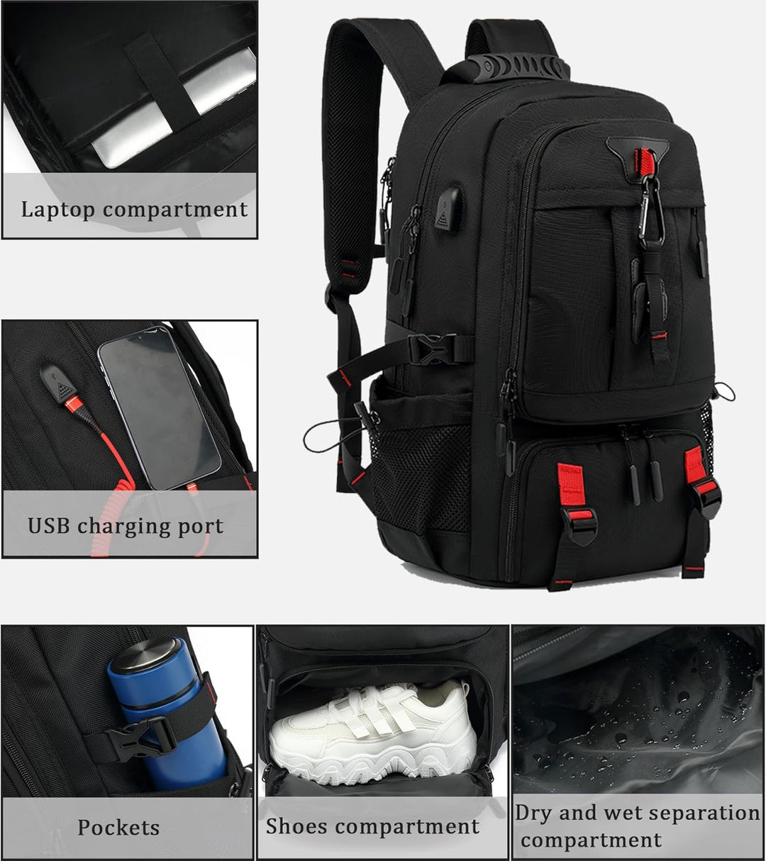 60L wasserdichter Reise-Laptop-Rucksack mit USB-Anschluss und Schuhfach | Karnz