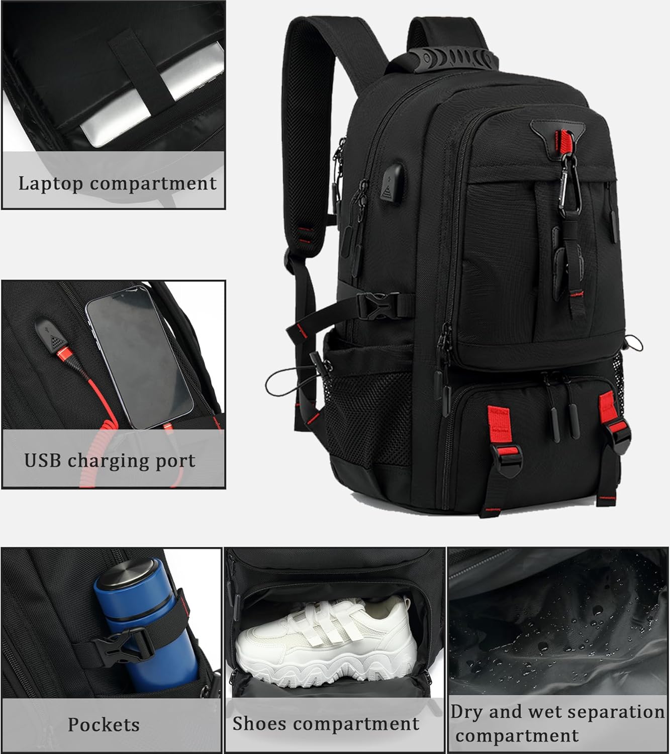 60L wasserdichter Reise-Laptop-Rucksack mit USB-Anschluss und Schuhfach | Karnz
