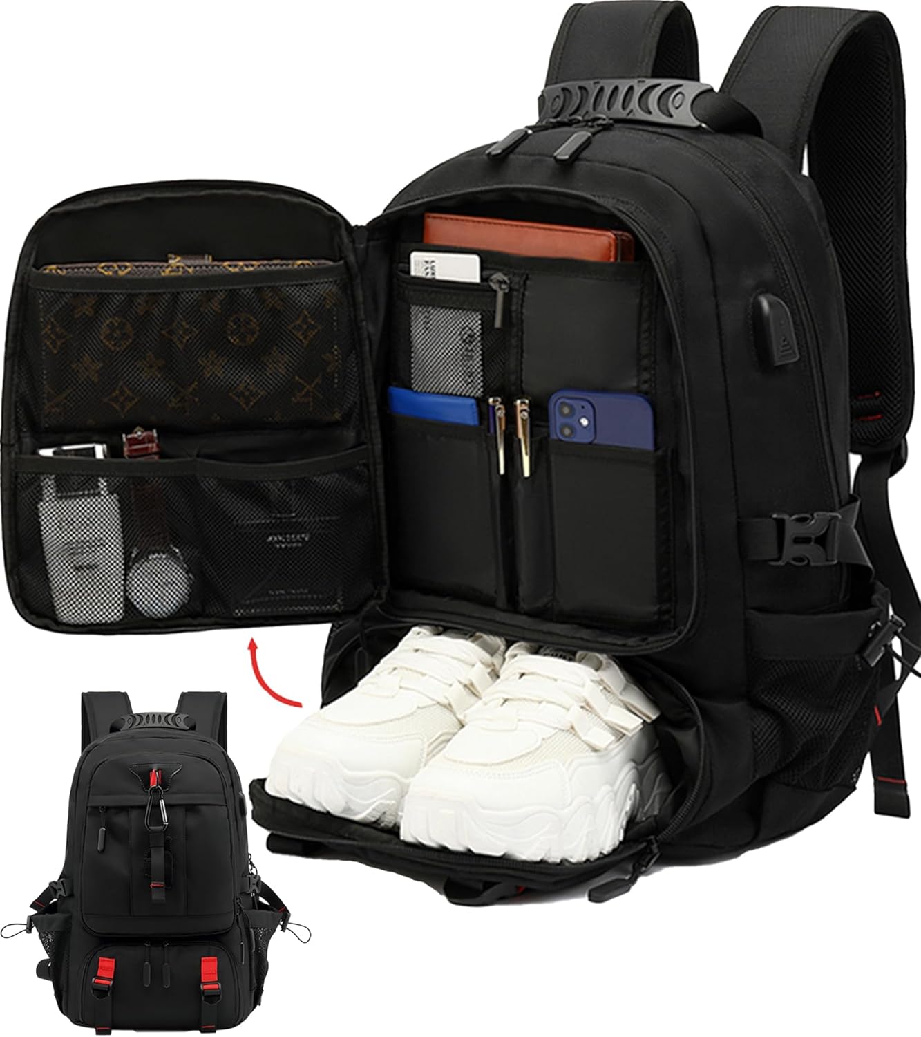 60L wasserdichter Reise-Laptop-Rucksack mit USB-Anschluss und Schuhfach | Karnz