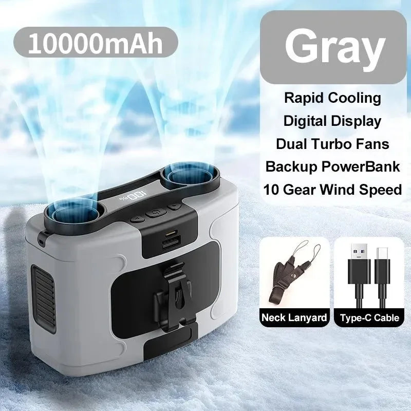 10000mAh Tragbarer Outdoor Taillenventilator – Hängender Hals & Starker Wind mit Powerbank & LED-Beleuchtung | Karnz
