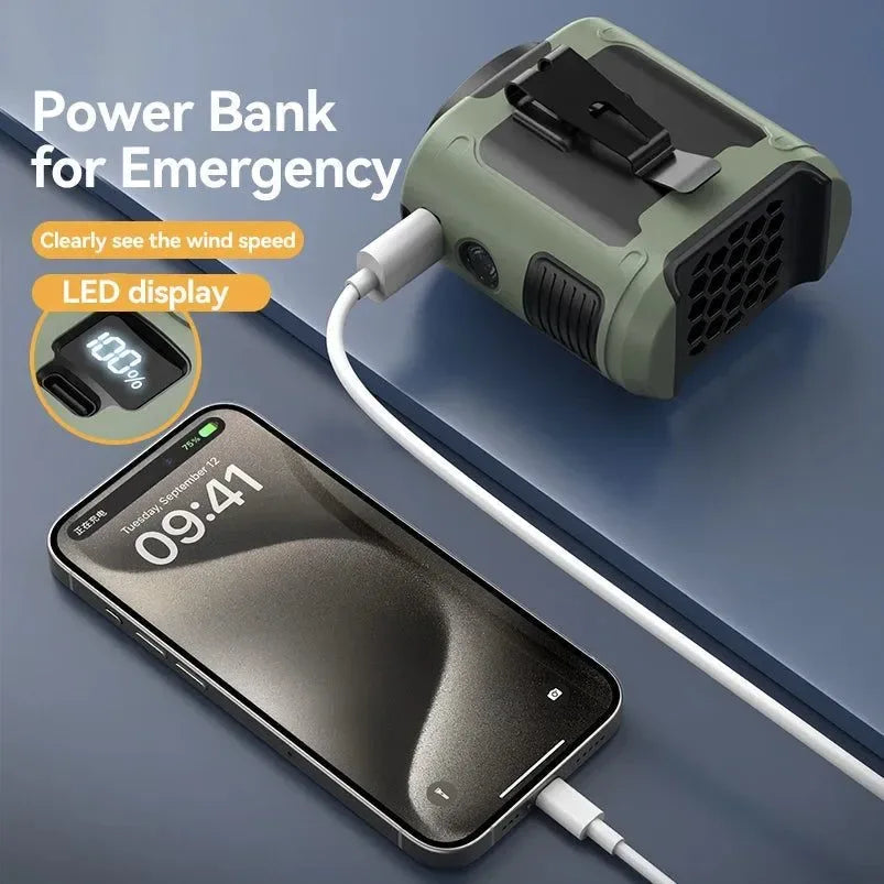 10000mAh Tragbarer Outdoor Taillenventilator – Hängender Hals & Starker Wind mit Powerbank & LED-Beleuchtung | Karnz