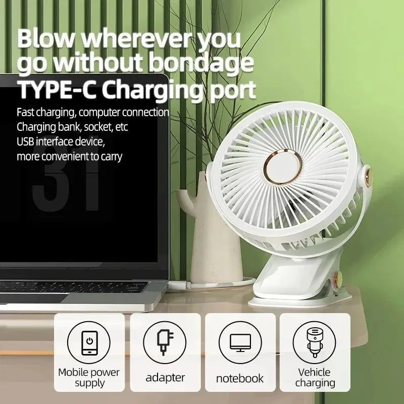 8000mAh Clip-on Ventilator 3 Geschwindigkeiten Leiser Wiederaufladbarer Desktop Tragbarer Luftzirkulator Kabelloser Ventilator | Karnz