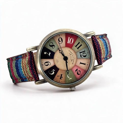 Vivolux Damen-Armbanduhr Vintage mit buntem Zifferblatt und gewebtem Armband