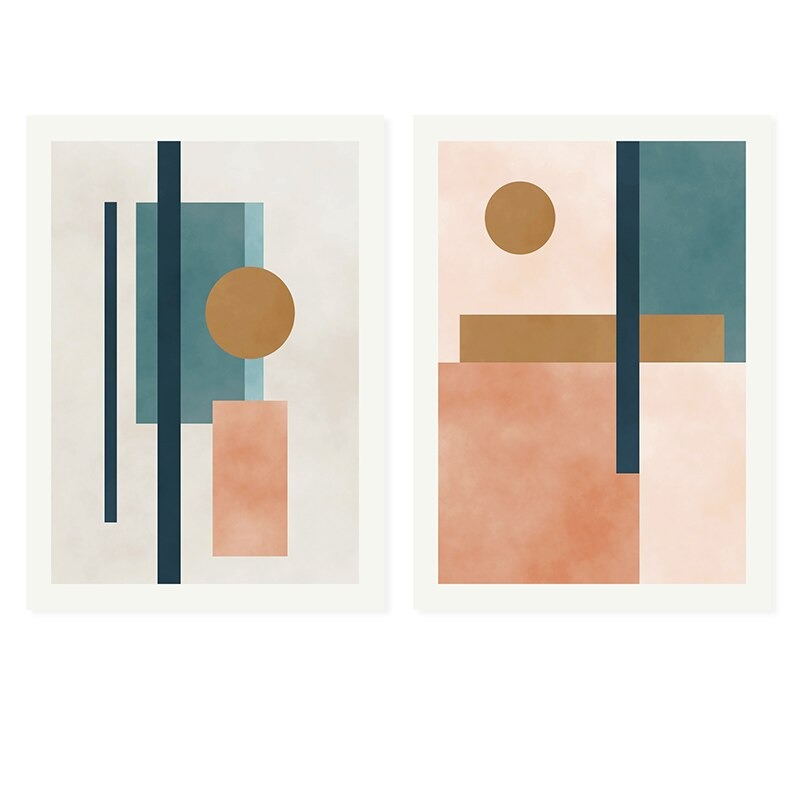 Moderner abstrakter Kunstdruck auf Leinwand in Beige, Pink und Blau mit geometrischen Formen