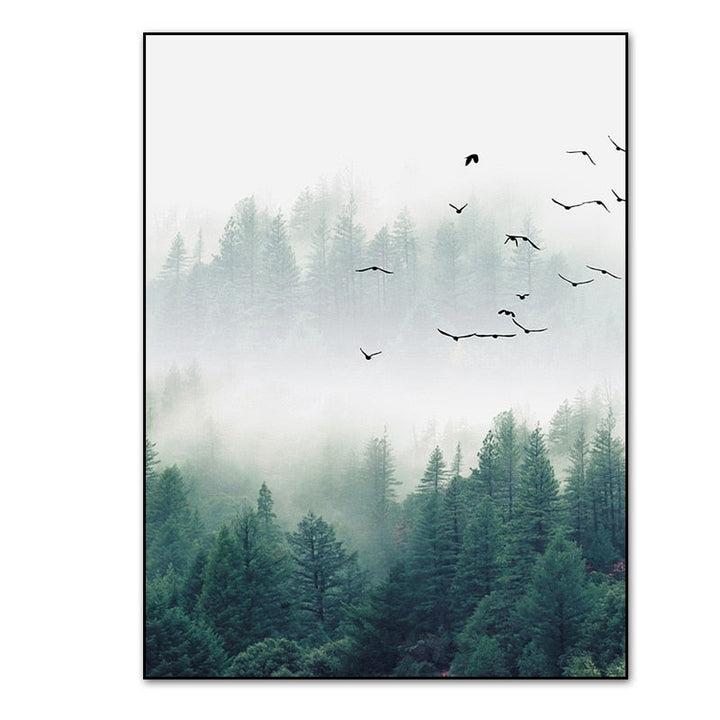 Nordische Nebelwaldlandschaft – Leinwanddruck