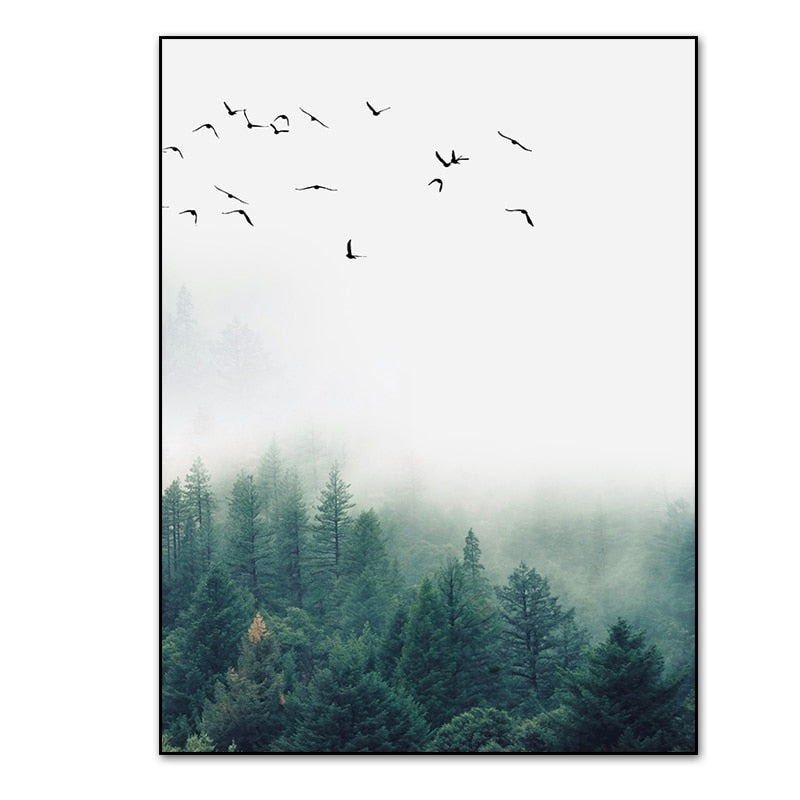 Nordische Nebelwaldlandschaft – Leinwanddruck