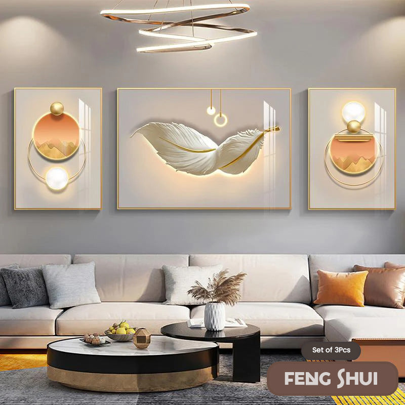Set aus 3 Stück Modern Aesthetics Triptychon Licht Luxus Feder Abstrakte Wandkunst Feine Kunst Leinwanddrucke Feng Shui Bilder für modernes Wohnzimmer | Karnz