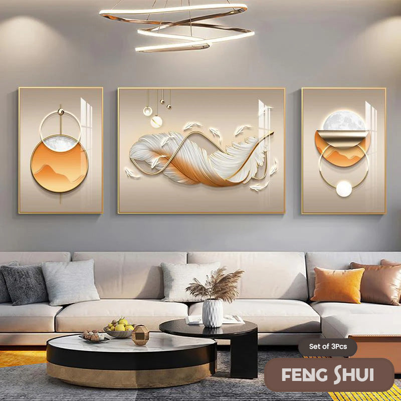 Set aus 3 Stück Modern Aesthetics Triptychon Licht Luxus Feder Abstrakte Wandkunst Feine Kunst Leinwanddrucke Feng Shui Bilder für modernes Wohnzimmer | Karnz